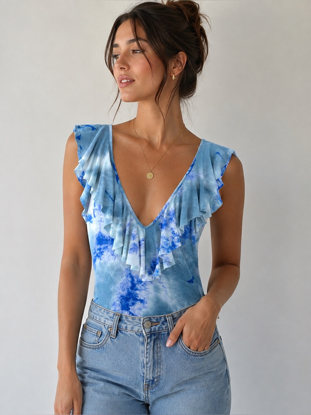 Solemio Blue Tie-Dye V Neck Ruffle Bodysuit - Size Small